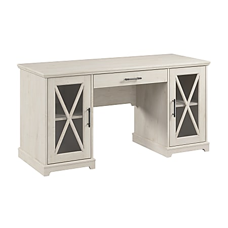 Bush Business Furniture Lennox 60"W Farmhouse Computer Desk With Storage And Keyboard Tray, Linen White Oak, Standard Delivery