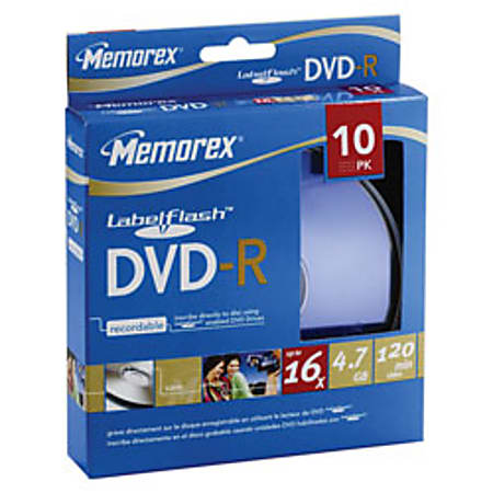 Memorex® Labelflash™ DVD-R Media Blister Pack, 4.7GB/120 Minutes, Pack Of 10 Discs