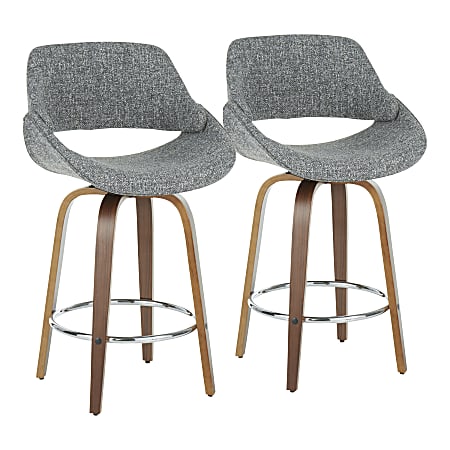 LumiSource Fabrico Counter Stools, Gray Seat/Walnut Frame/Silver Round Footrest, Set Of 2 Stools