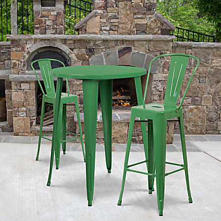 Flash Furniture Commercial-Grade Round Metal Indoor/Outdoor Bar Table Set With 2 Café Stools, 41"H x 30"W x 30"D, Green