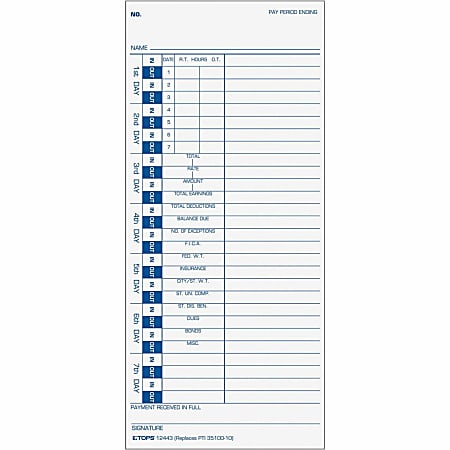 TOPS One-Side Weekly Time Cards - 4" x 9" Sheet Size - White Sheet(s) - Blue Print Color - 100 / Pack