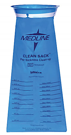 Medline Emesis Bags, Clean Sack, 2 1/8" x 2 1/8" x 2 1/8", Blue, 24 Bags Per Pack, Case Of 6 Packs