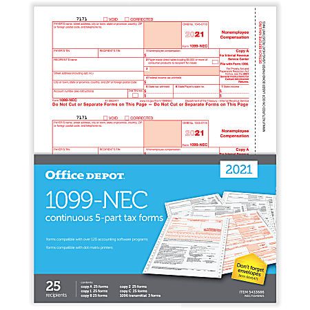 Office Depot® Brand 1099-NEC Continuous Tax Forms, 3-Up, 5-Part, 9" x 11", Pack Of 25 Form Sets