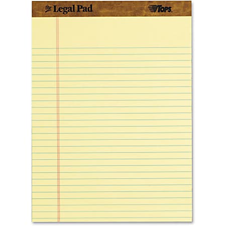TOPS Legal Ruled Writing Pads - 50 Sheets - Stitched - Legal Ruled - 0.34" Ruled - Ruled - 16 lb Basis Weight - 8 1/2" x 11 3/4" - 0.60" x 11.8"8.5" - Canary Paper - Perforated, Chipboard Backing, Perforated, Acid-free, Sturdy Back, Heavyweight - 3 / Pack