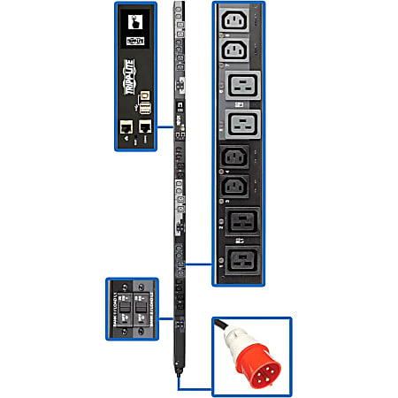 Tripp Lite 27.7kW 3-Phase Switched PDU - 12 C13 & 12 C19 Outlets, IEC 309 63A Red, 0U, Outlet Monitoring, TAA - Power distribution unit (rack-mountable) - 40 A - AC 380/400 V - 27.7 kW - 3-phase - USB, Ethernet 10/100/1000