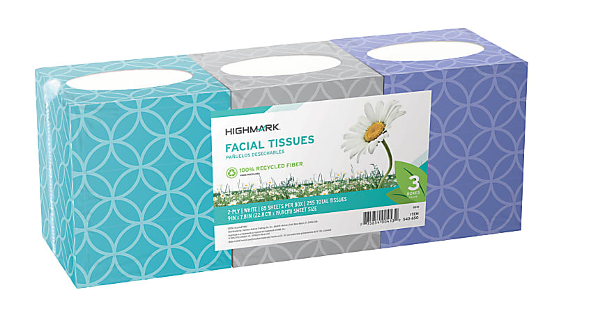 Highmark® ECO 2-Ply Facial Tissue, 100% Recycled, White, 85 Tissues Per Box, Pack Of 3 Boxes