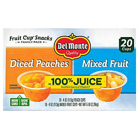 Del Monte Plastic Fruit Cup Variety Pack, Mixed Fruit And Diced Peaches, 4 Oz, Pack Of 20 Cups