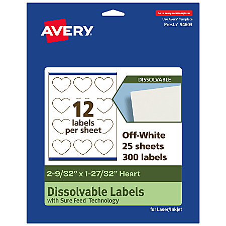 Avery® Print-to-the-Edge Dissolvable Labels With Sure Feed® Technology, 94603-DWMP25, Heart, 2-9/32"x1-27/32", Matte Off-White, Pack Of 300