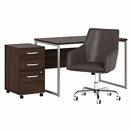 Bush® Business Furniture Hybrid 48"W Computer Table Desk And Chair Set With Mobile File Cabinet, Black Walnut, Standard Delivery