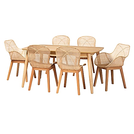 Baxton Studio Emmali Modern Bohemian Finished Wood And Rattan 7-Piece Dining Set, Natural Brown