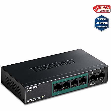 TRENDnet 6-Port Fast Ethernet PoE+ Switch, 4x Fast Ethernet PoE Ports, 2x Fast Ethernet Ports, 60W PoE Budget, 1.2 Gbps Switch Capacity