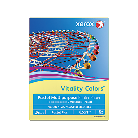 Xerox® Vitality Colors™ Pastel Plus Colored Multi-Use Print & Copy Paper, Letter Size (8 1/2" x 11"), 24 Lb, 30% Recycled, Yellow, Ream Of 500 Sheets