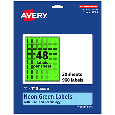 Avery® Print-To-The-Edge Labels With Sure Feed® Technology And Easy Peel® Label Feature, 94103-NGP20, Square, 1" x 1", Matte Neon Green, Pack of 960