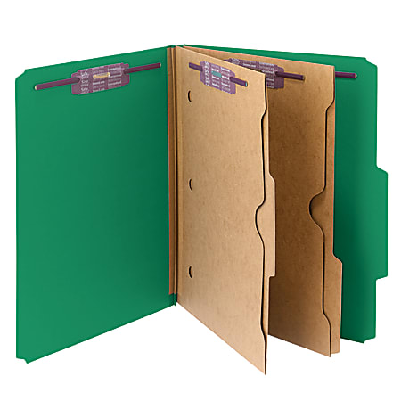 Smead® Pressboard Classification Folders With SafeSHIELD® Fasteners And 2 Pocket Dividers, Letter Size, 50% Recycled, Green, Box Of 10