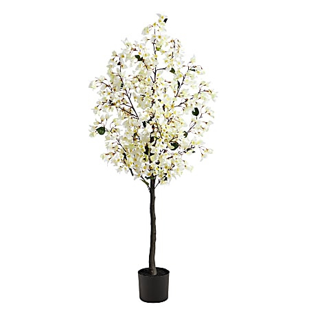 Nearly Natural Bougainvillea 60”H Artificial Plant With Planter, 60”H x 28”W x 9”D, White/Black