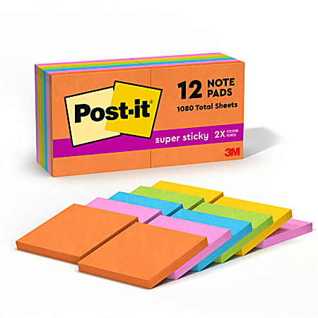 Post-it® Super Sticky Notes, 3 in x 3 in, 12 Pads, 90 Sheets/Pad, 2x the Sticking Power, School and Office Supplies, Sticky Notes for Surfaces