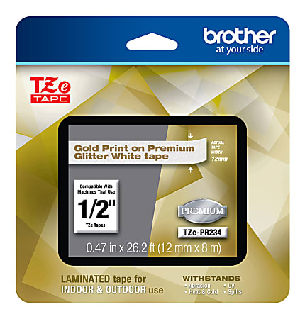 Brother TZe Premium Glitter Laminated Tape, 1/2" x 26-3/16', Gold Ink/White Tape