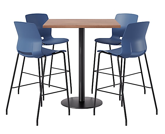 KFI Studios Proof Bistro Square Pedestal Table With Imme Bar Stools, Includes 4 Stools, 43-1/2”H x 42”W x 42”D, River Cherry Top/Black Base/Navy Chairs