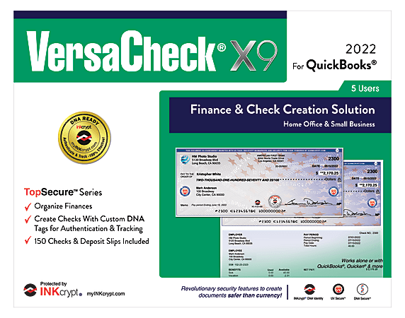 VersaCheck® X9 INKcrypt® For QuickBooks® TopSecure™ Series, 5-User, 2022, For Windows®, Disc/Download