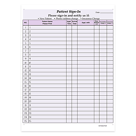 HIPAA Compliant Patient/Visitor Privacy 2-Part Sign-In Sheets, 8-1/2" x 11", Purple, Pack Of 250 Sheets