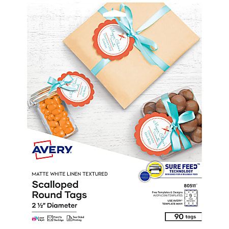 Avery® Printable Textured Scallop Round Tags, 2 1/2" diameter, White, Pack of 90