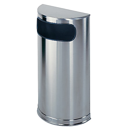 United Receptacle Side-Opening Half-Round Steel Trash Receptacle, 9 Gallons, 32"H x 18"W x 9"D, 30% Recycled, Stainless Steel