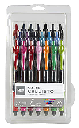 Office Depot® Brand Callisto Retractable Gel Ink Pens, Medium Point, 0.7 mm, Transparent Black Barrel, Assorted Fashion Ink Colors, Pack Of 20