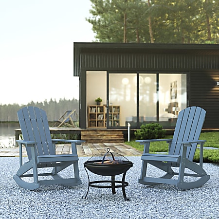 Flash Furniture Savannah All-Weather Poly Resin Wood Adirondack Rocking Chairs With 22" Round Fire Pit, 39-1/2”H x 29-1/2”W x 37-3/4”D, Sea Foam