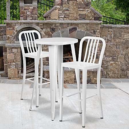 Flash Furniture Commercial Grade Round Metal Indoor-Outdoor Bar Table Set With 2 Vertical Slat Back Stools, 41"H x 24"W x 24"D, White