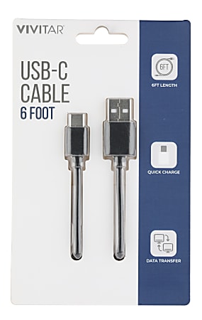 Vivitar USB-A To USB-C Cable, 6&#x27;, Black, NIL4006-BLK-STK-24