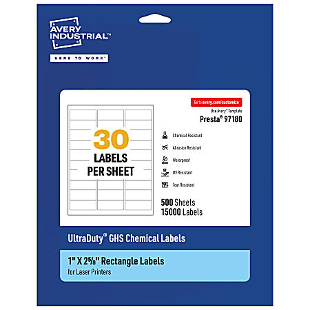 Avery® Ultra Duty® Permanent GHS Chemical Labels, 97180-WMU500, Rectangle, 1" x 2-5/8", White, Pack Of 15,000