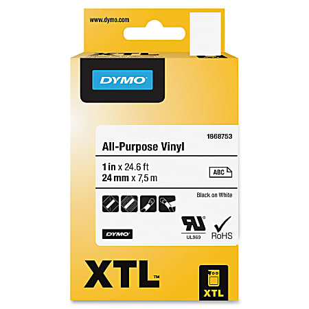 DYMO® XTL™ All-Purpose Vinyl Label Cartridge, 1868753, 1" x 24 5/8' Roll, Black/White