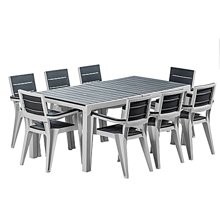 Inval Madeira 9-Piece Indoor And Outdoor 8-Seat Rectangular Table And 8 Arm Chair Set, 29”H x 35”W x 70”D, Black/Teak Brown