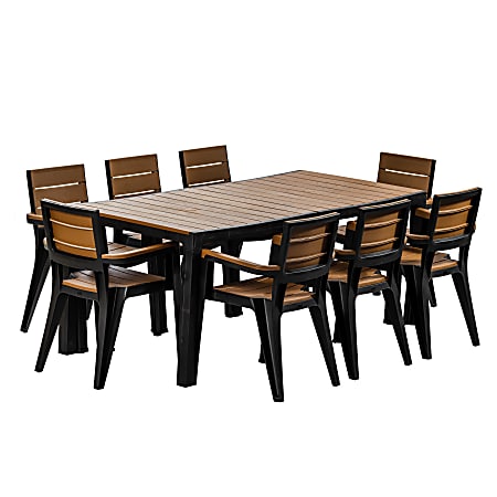 Inval Madeira 9-Piece Indoor And Outdoor 8-Seat Rectangular Table And 8 Arm Chair Set, 29”H x 35”W x 70”D, Black/Teak Brown