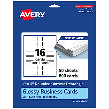 Avery® Printable Rounded Corner Mini Business Cards With Sure Feed® Technology, Print-To-The-Edge, 1"x3", Glossy White, Pack Of 800