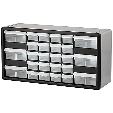 Akro Mils Plastic 26 Drawer Stackable Cabinet 20 x 6 38 x 10 1132 BlackGray  - Office Depot