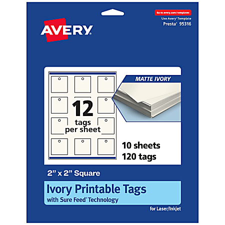 Avery® Printable Tags With Sure Feed® Technology, Print-To-The-Edge, 2"x2", Matte Ivory, Pack Of 120