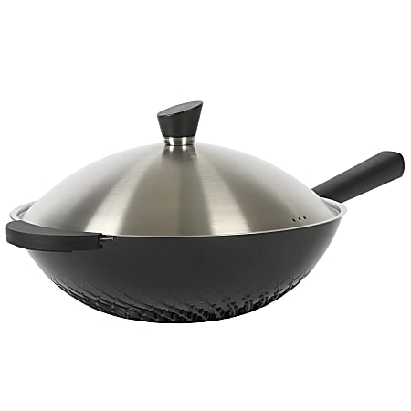 Kenmore Eugene Cast-Aluminum Nonstick Wok With Stainless-Steel Lid, 13", Black/Silver