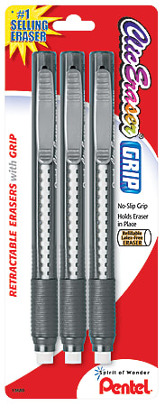 Pentel® Clic Erasers®, 5", Assorted Barrel Colors, Pack Of 3
