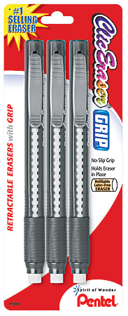 Pentel® Clic Erasers®, 5", Assorted Barrel Colors, Pack Of 3