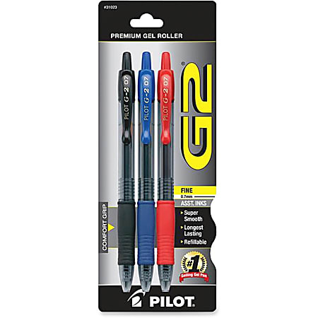 Pilot® G2 Retractable Gel Ink Pens, Fine Point, 0.7 mm, Assorted Barrel Colors, Assorted Ink Colors, Pack Of 3 Pens