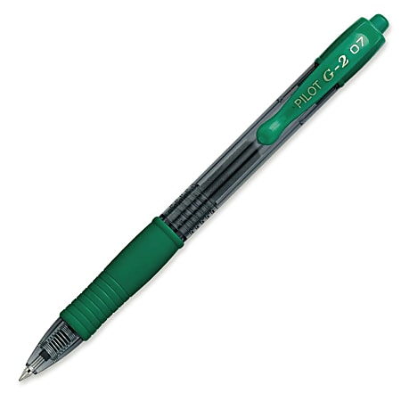Pilot G2 Retractable Gel Pens, Fine Point, 0.7 mm, Clear Barrels, Green Ink, Pack Of 12 Pens