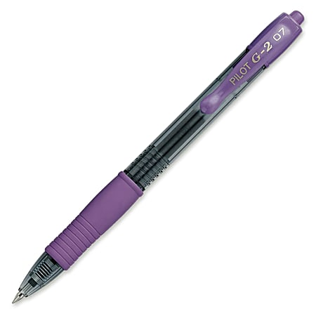 Pilot G2 Retractable Gel Pens, Fine Point, 0.7 mm, Clear Barrels, Purple Ink, Pack Of 12