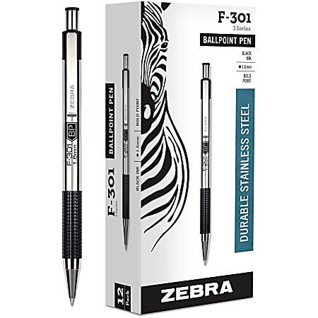 Zebra F 301 Ballpoint Pens Bold Point 1.6 mm Stainless Steel Barrel Black  Ink Pack Of 12 Pens - Office Depot