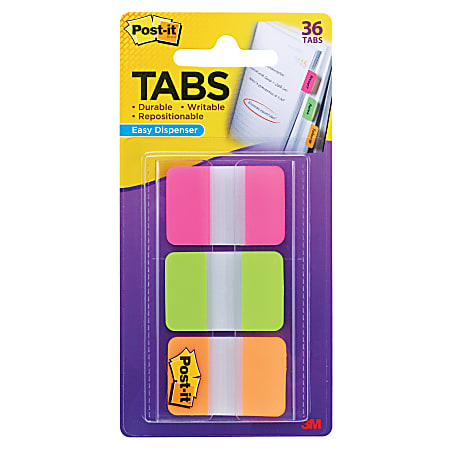 Post-it® Durable Index Tabs, 1" x 1 1/2", Green/Orange/Pink, 12 Flags Per Pad, Pack Of 36