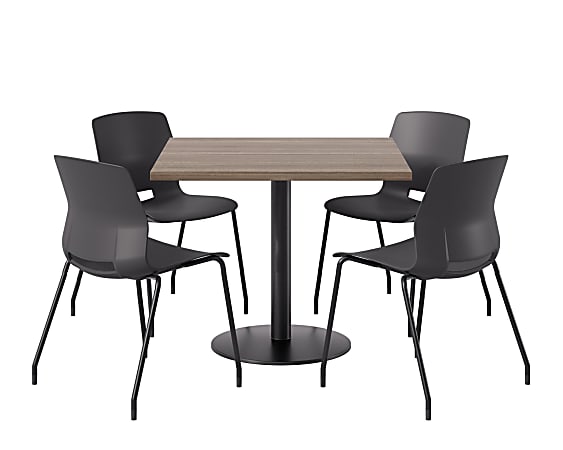 KFI Studios Proof Cafe Pedestal Table With Imme Chairs, Square, 29”H x 36”W x 36”W, Studio Teak Top/Black Base/Black Chairs