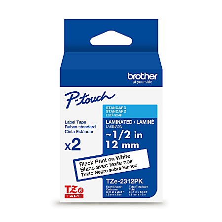 Brother P-touch TZe2312PK, Laminated, 2 X 0.47 in x 26.2 ft (12mm x 8m), Black on White Label Tape, 2 pack