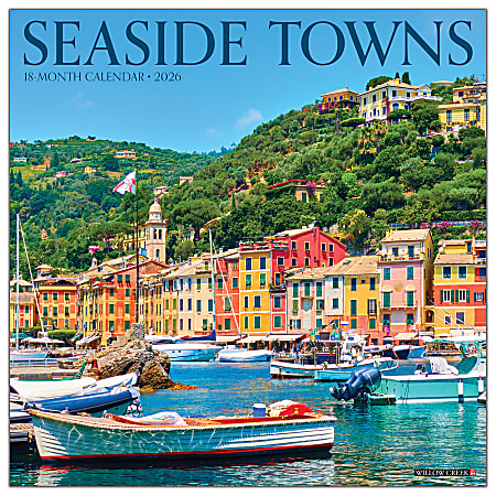 2026 Willow Creek Press Scenic Monthly Wall Calendar, 12" x 12", Seaside Towns, January To December, 56127