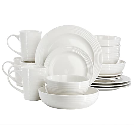 Elama Nikki 18-Piece Porcelain Ribbed Dinnerware And Serving Bowl Set, White