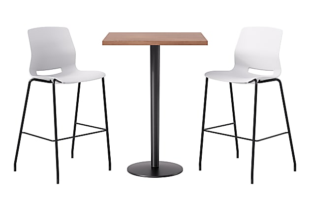 KFI Studios Proof Bistro Square Pedestal Table With Imme Bar Stools, Includes 2 Stools, 43-1/2”H x 30”W x 30”D, River Cherry Top/Black Base/White Chairs